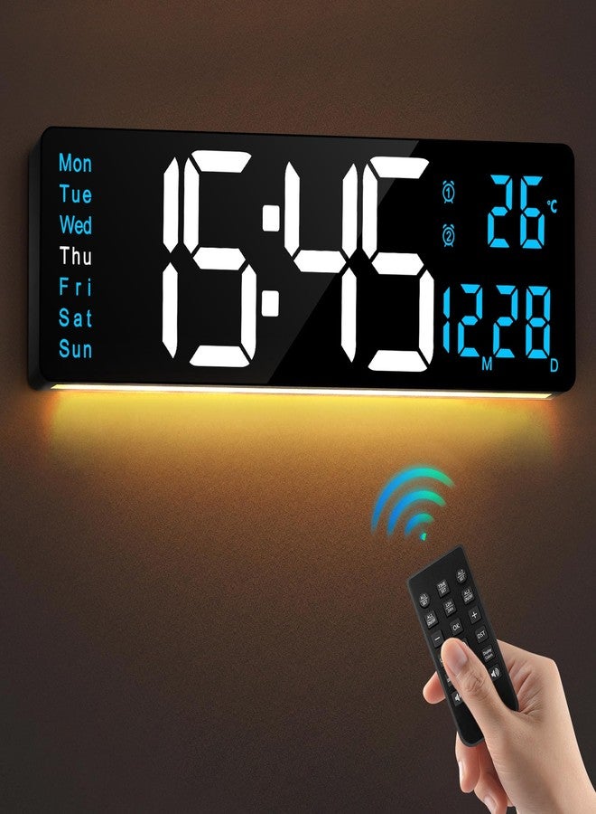 LEIKE 16" Large Digital Wall Clock Timer,Remote Control,2 Alarms, LED Display,Auto DST,Temperature,Modern Night Light Clock for Living Room,Bedroom,Desk,Mounted Decor(Black,White Blue LED) - Image 1